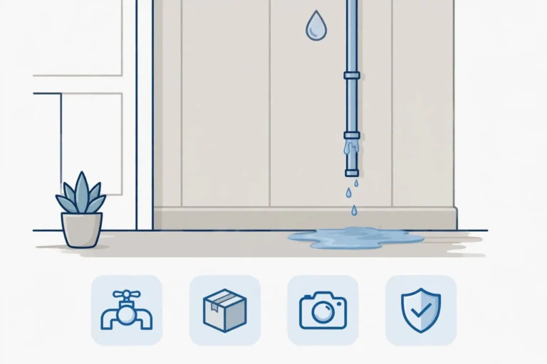 Illustration of a leaking pipe dripping onto the floor, with icons for shutting off the water, moving belongings, taking photos and staying safe before water damage help arrives