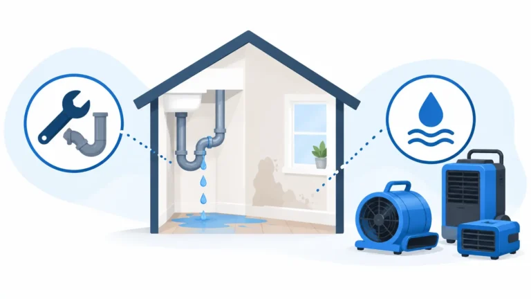 Illustration of a house with a leaking sink drain, a plumber's wrench on one side and water damage drying equipment on the other