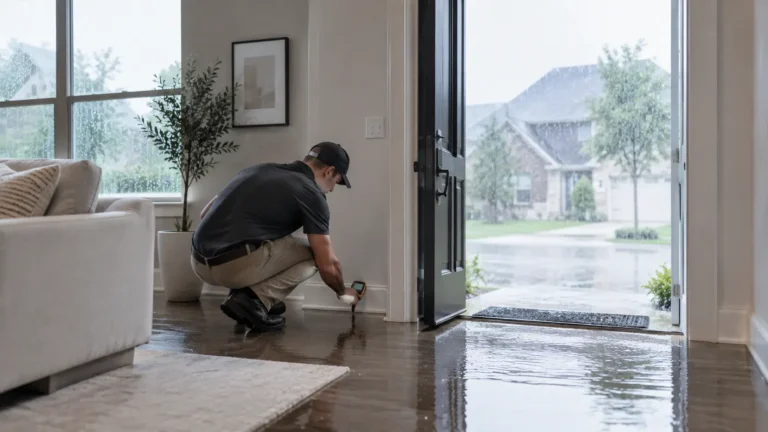 Technician checking a wet floor for moisture beside an open front door as heavy rain falls outside a flooded Grapevine, TX home