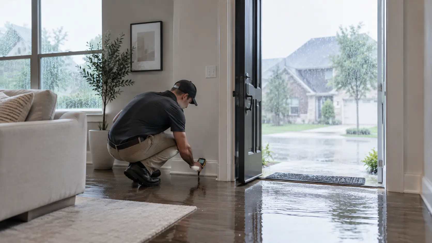 Technician checking a wet floor for moisture beside an open front door as heavy rain falls outside a flooded Grapevine, TX home