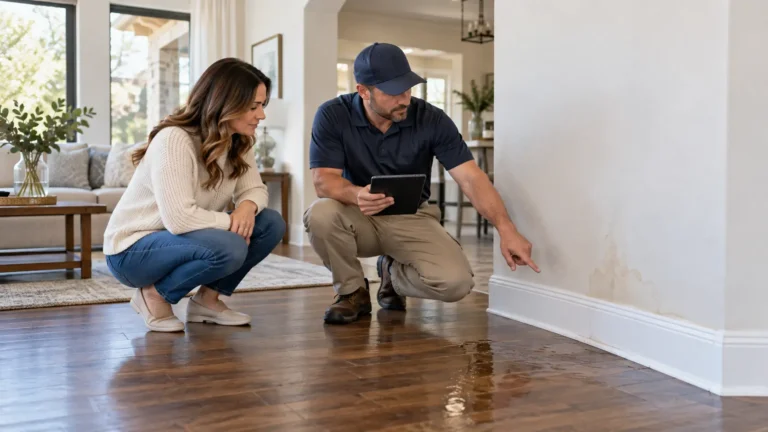 Technician with a tablet showing a homeowner water stains on a wall and wet hardwood floor after a leak in a Grapevine home